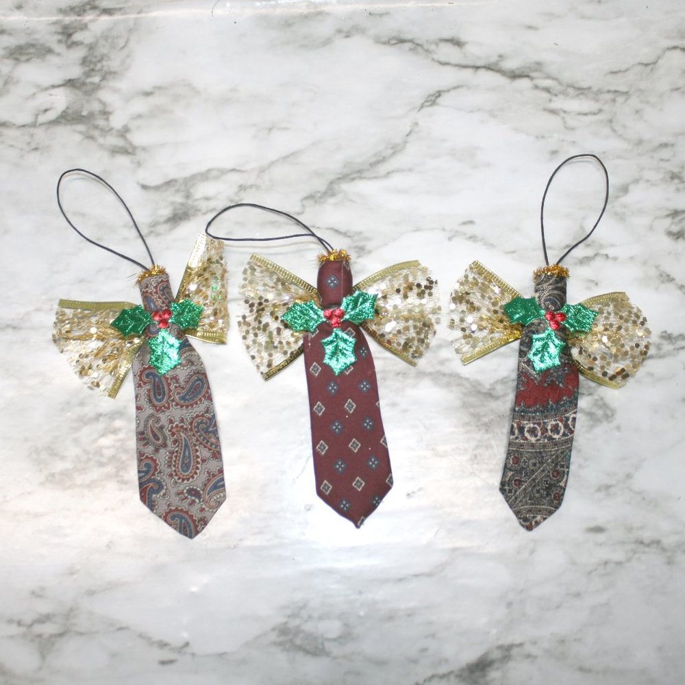 UPCYCLED Necktie Ornament Christmas Angel Handmade Skinny Burgundy Neck Tie Set
